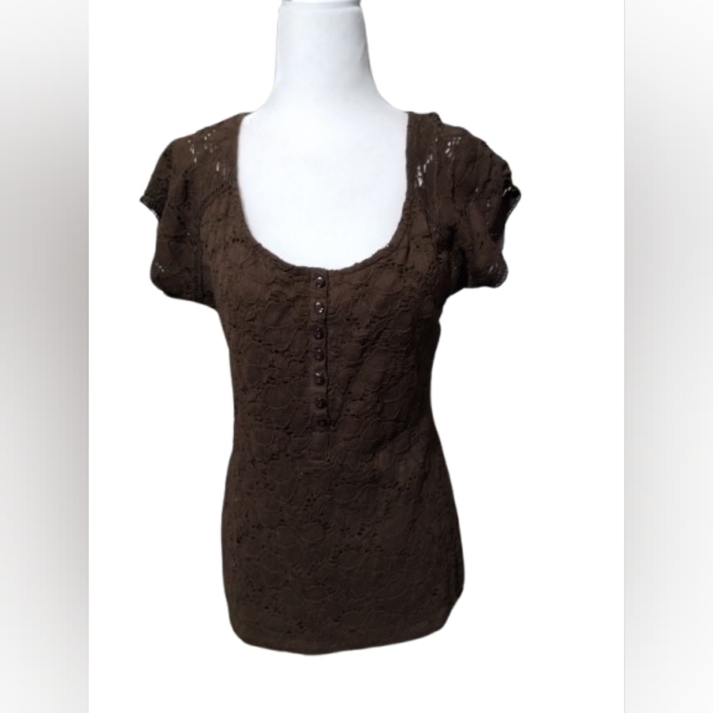 INC International Concepts Women's Short Sleeve Brown Lace Blouse, Size Large